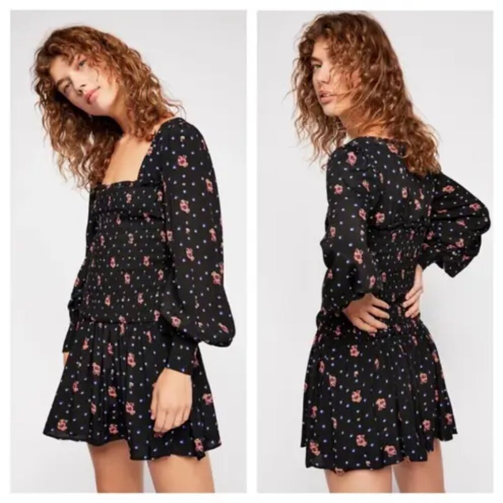 Free People Two Faces Smocked Floral Long Sleeve Mini Dress Black Size Small